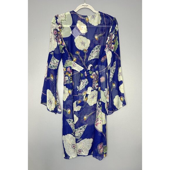 Pink Mode Kimono Tunic Top Womens 1X Blue Floral Sheer Tie Back Cover Up Boho - Picture 8 of 15